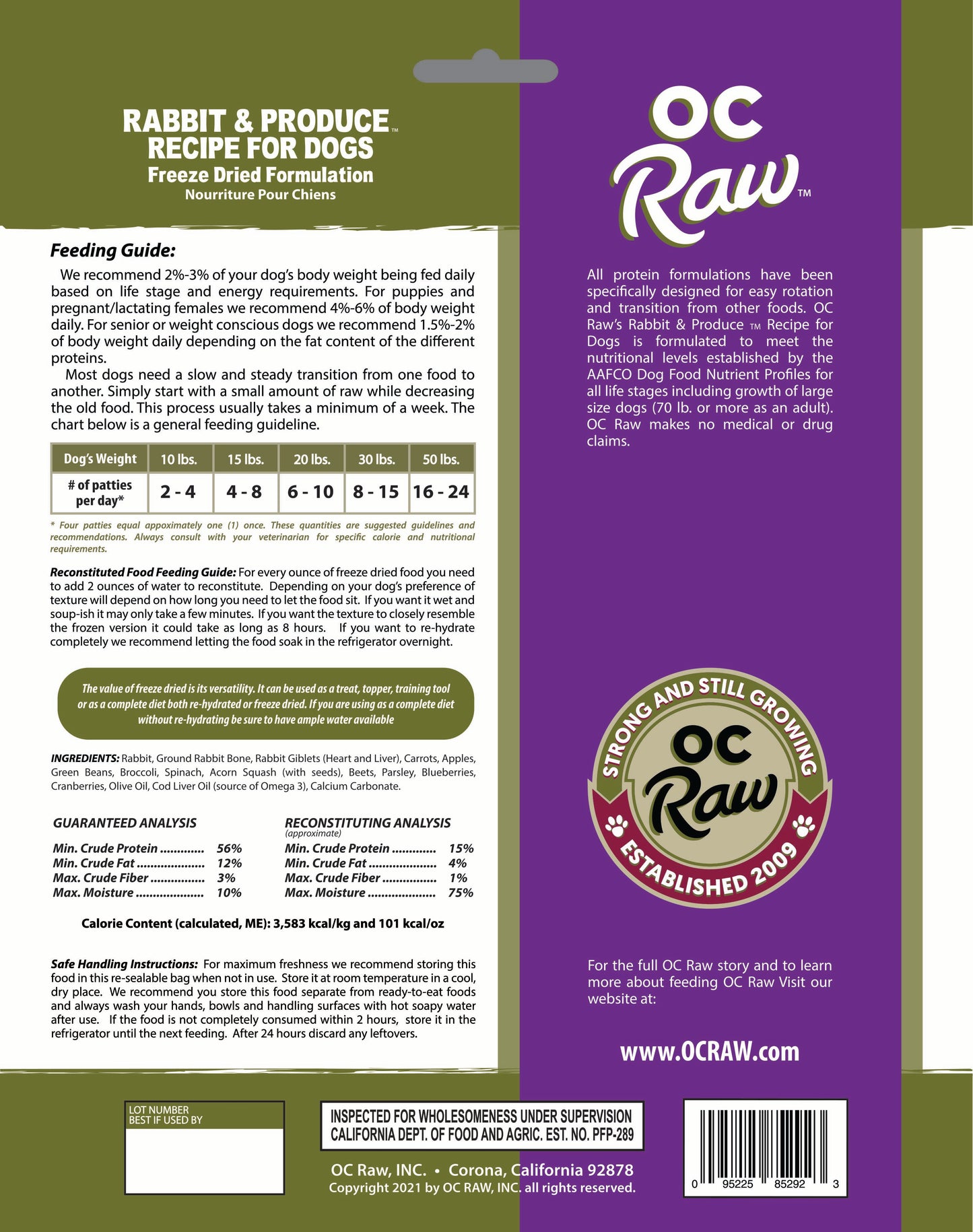 OC Raw Dog Freeze Dried Raw For Dogs - Rabbit & Produce Sliders 14oz