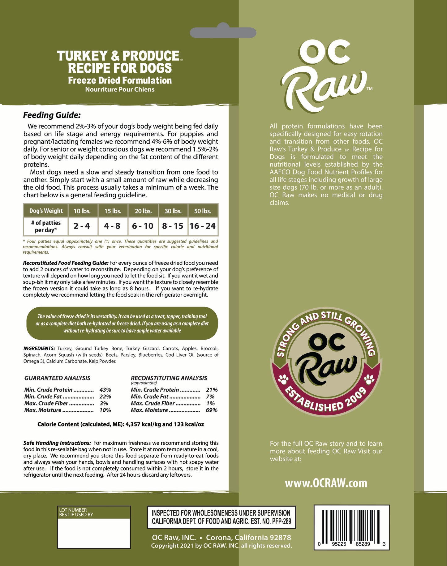 OC Raw Dog Freeze Dried Raw For Dogs - Turkey & Produce Sliders 14oz