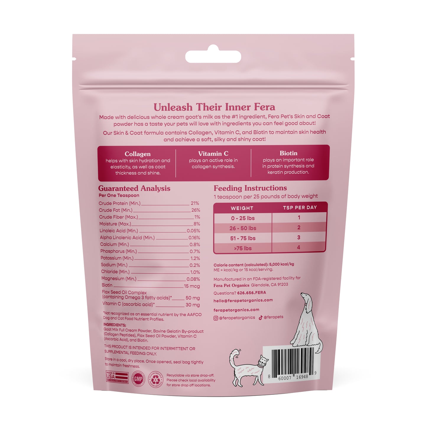Fera Pet Organics Skin & Coat Goat Milk Topper Supplement Powder For Dogs & Cats 180g