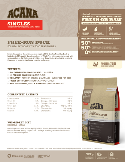 ACANA SINGLES Freeze-Dried Infused Free-Run Duck Dry Dog Food (2kg/6kg/11.4kg)