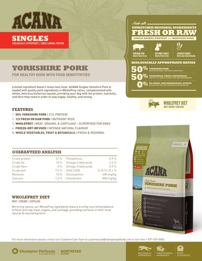ACANA SINGLES Freeze-Dried Infused Yorkshire Pork Dry Dog Food (2kg/6kg/11.4kg)