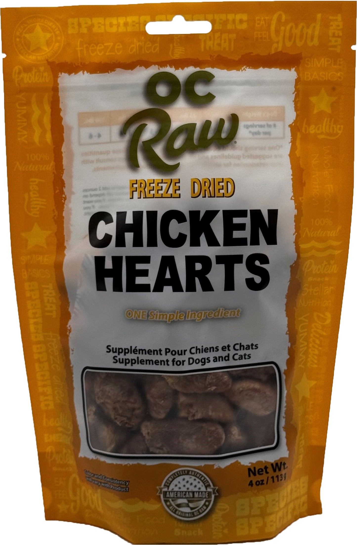 OC Raw Freeze Dried Chicken Hearts Treats For Dogs & Cats 4oz