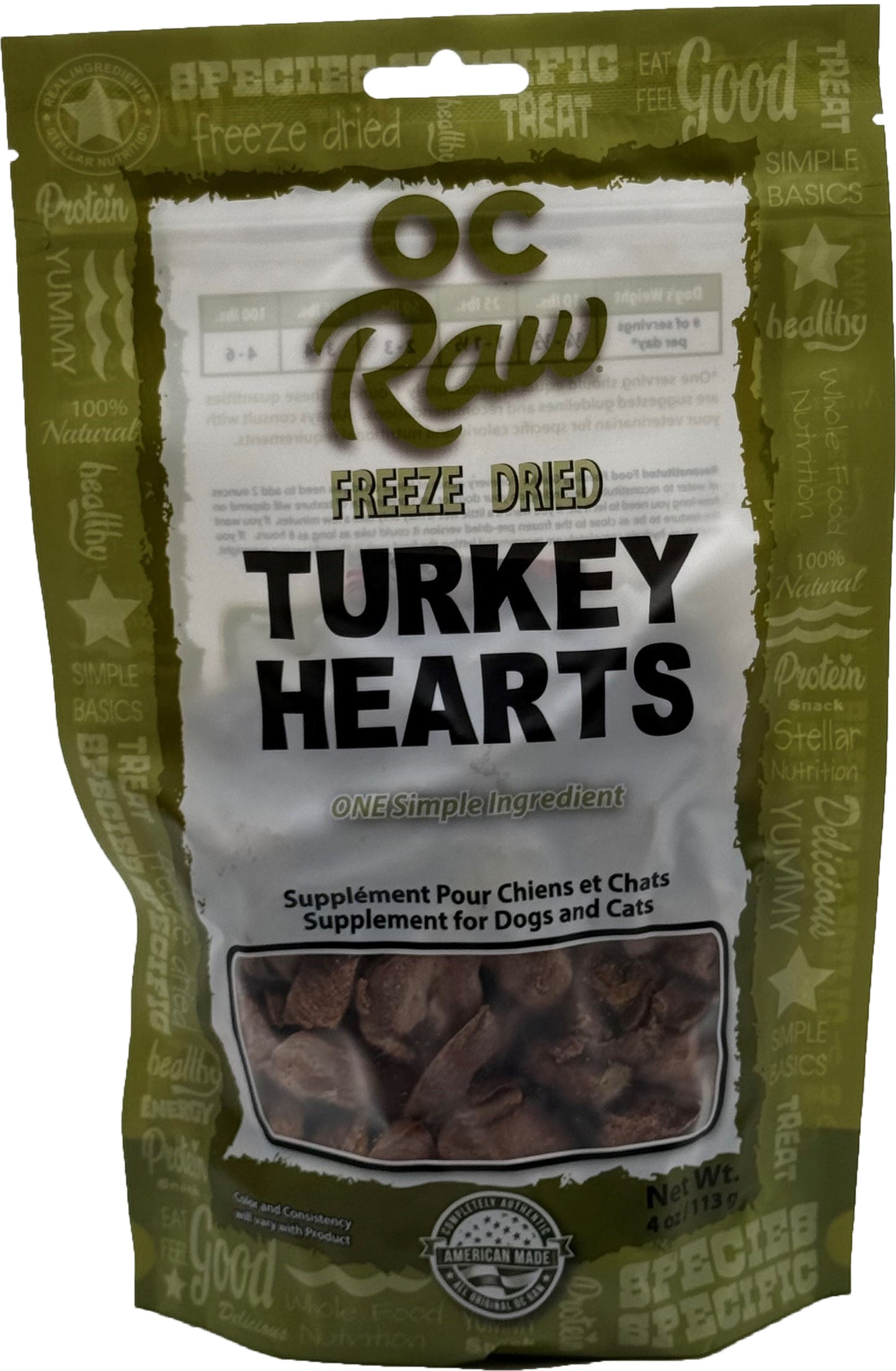 OC Raw Freeze Dried Turkey Hearts Treats For Dogs & Cats 4oz