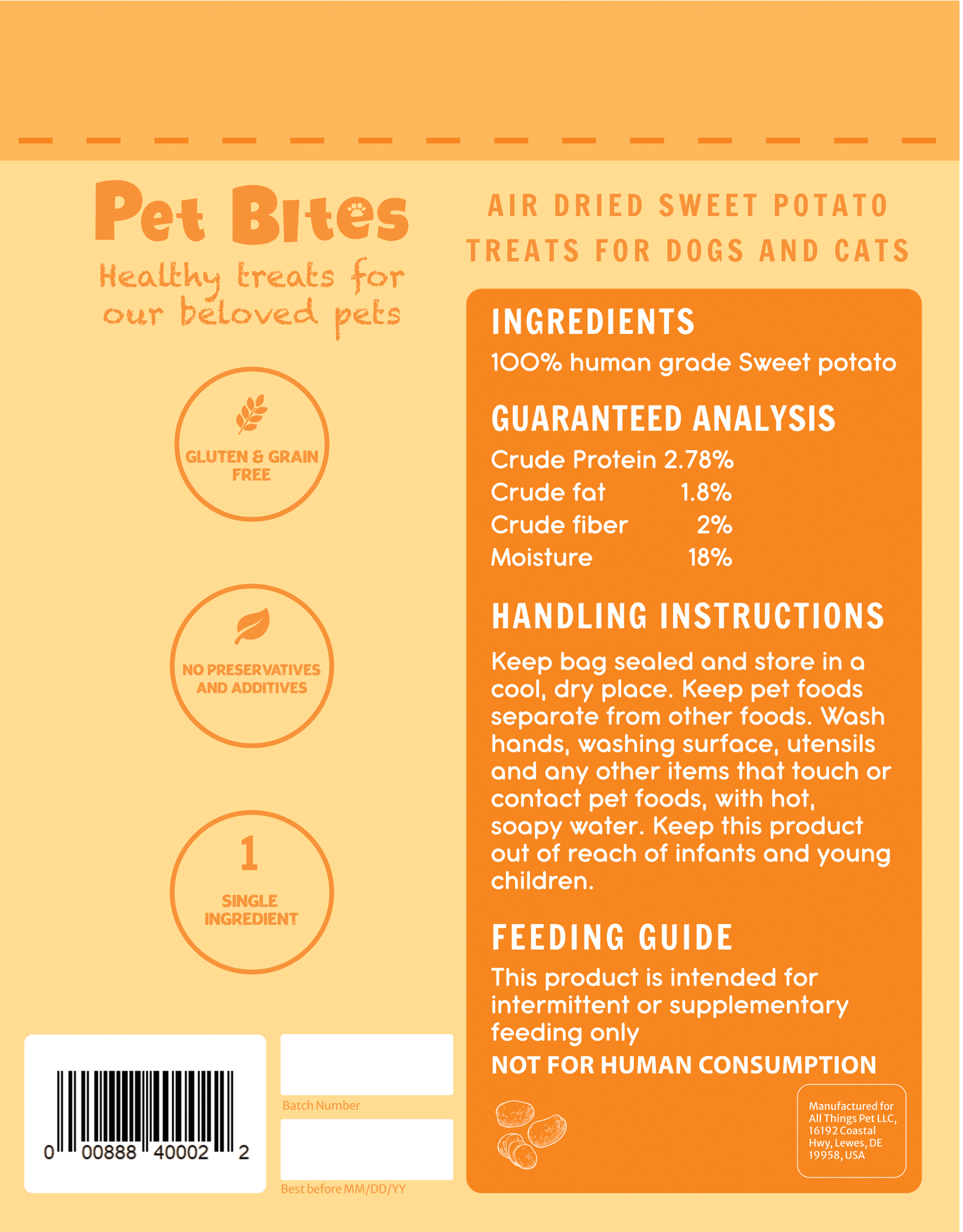 Pet Bites Air Dried Dog & Cat Treats - Sweet Potato (2 sizes)